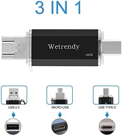 USB C Drive 16GB Phone USB Drive, 100% Real Capacity 3 IN 1 (Type-C/Micro USB/USB 2.0) OTG Flash Drive Waterproof Data Storage Thumb Drive for Macbook,Android Mobile Phones Tablets Samsung 16G Black