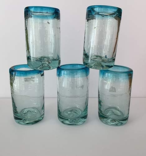 Mexican Artisan Crafted Hand Blown Clear Turquoise Blue Rim Recycled Glass Shot Glasses, 2.9 oz. Great for Tequila and Mezcal (set of 5)