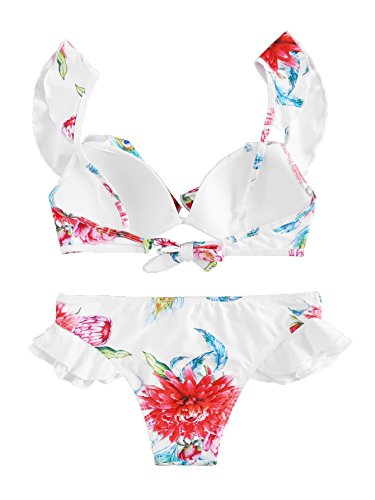 SOLYHUX Women's Flower Print Ruffle Strap Bikini Set White L