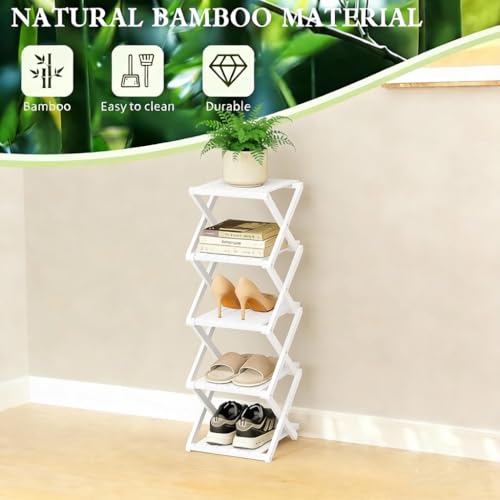 Zapatero de bambú - No requiere montaje, organizador de zapatos plegable, estantería multifuncional para recibidores, rincones y dormitorios, 7 estantes, color blanco (reforzado y de mayor grosor)