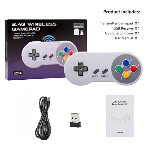 KIWITATA Wireless Classic SNES USB Controller, 2.4G Rechargeable Retro SNES Remote Emulator Gamepad Controller for Windows 11/XP/8/7 MAC RetroPie