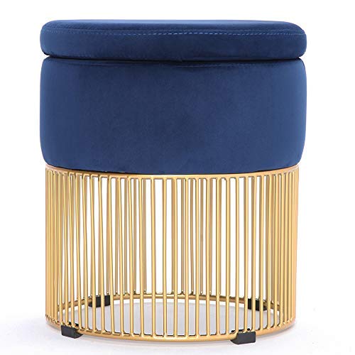 Simhoo Velvet Upholstered Round Vanity Stool/Dressing Makeup Piano Stool with Metal Base-Blue,Ottoman with Storage - Thumbnail 3