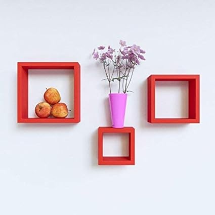 Credenza Floating Wall Rack MDF Designer Nesting Square Shape Wall/Book Shelf for Storage/Hanging Home Decoration Furniture Set of 3 Shelves - Red