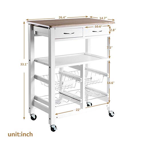 Kitchen Cart Island On Wheels,JULYFOX Kitchen Trolley Microwave Cart with Storage Drawers Shelves Red Wine Rack Solid Wood Breakfast Cart 33 inches Tall Bar Table for Small Spaces White and Oak