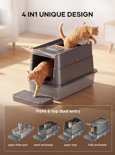 Extra Large Stainless Steel Cat Litter Box with Lid, Enclosed High Sided Metal Litter Pan for Large & Multiple Cats, Dog Proof, Non-Sticky, Anti-Leakage, Easy Clean with Scoop & Step, Dark Grey