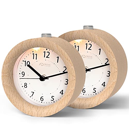 aboveClock Wecker Analog Ohne Ticken 2 Stück, Wecker Holz mit Snooze, Nachttisch Tischuhr mit Nachtlicht, Batteriebetrieben (1*AA-Batterie benötig - N