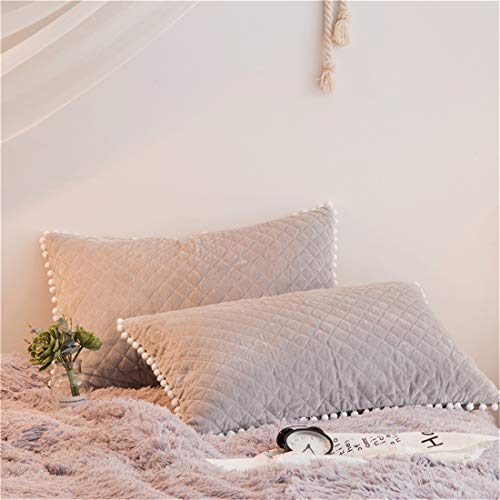 MooWoo 4PCS Shaggy Bedding Sets, 1 Velvet Flannel Duvet Cover + 1 Quilted Ruffle Bed Sheet Skirt + 2 Pompoms Fringe Pillow Sham, Zipper Closure Velvet Bedding Sets (Gray, Full)