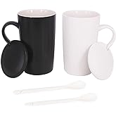 BPFY 16oz Set of 2 Ceramic Coffee Mug with Lid and Spoon, Milk Cup Classic Mug Drinking Cups for Tea, Coffee, Cocoa, Black and White Marriage or Couples (16oz)