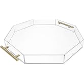 Isaac Jacobs Clear Octagon Acrylic Serving Tray (18x18) with Gold Metal Handles, Spill-Proof, Stackable Organizer, Food & Drinks Server, Lucite Storage (18x18 Octagon, Clear with Gold Handle)