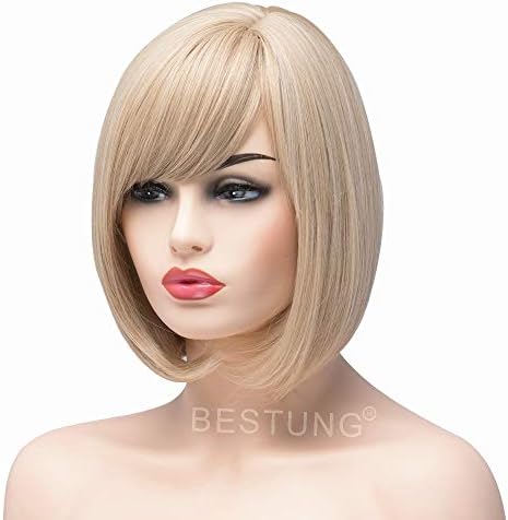 BESTUNG Short Bob Straight Blonde Mixed Wigs for Women Ladies Synthetic Full Hair Natural Honey Ash Strawberry Gold Wig with Bangs for Cosplay Costume or Daily Life