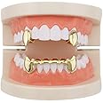 18k Gold Plated Grillz Vampire Dracula Teeth Grillz 2pc Single Fangs and 6 Bottom Grillz Set