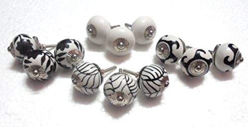 (Set of 12) Black and White Handpainted Ceramic Blue Pottery Door Drawers Knobs