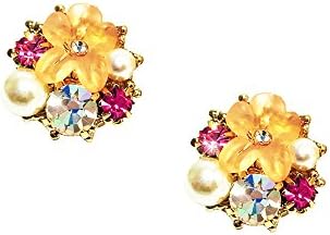 Artnouveau Elle Flower Rhinestone Faux Pearl Round Stud Earrings Handcrafted Fashion Jewelry (Pink)