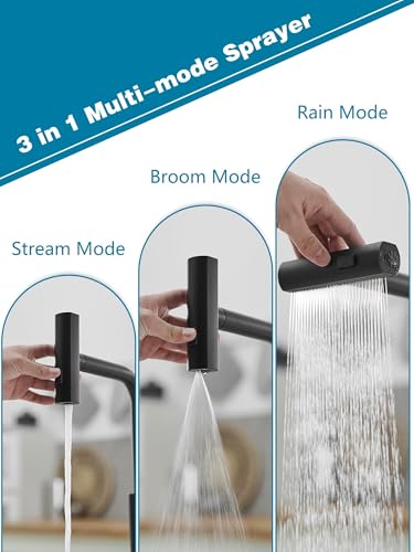 Kitchen Faucet with Pull Down Sprayer, 3 Function Waterfall Sink Faucet, Stainless Steel Utility Faucet, Single Handle for Kitchen Sink, Modern Design, Matte Black