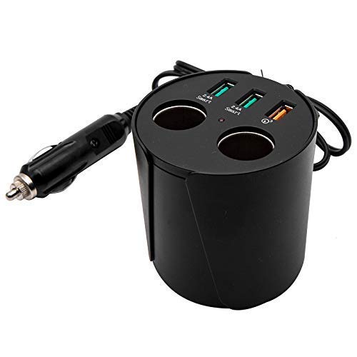Riloer Cup Smart 3 USB Ports + 2 Cigar Lighter Socket Car Charger, Black