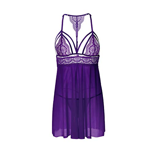 SUNSPICE Sexy Floral Lace Babydoll Chemise Mesh Sleepwear for Women (Purple, L/XL)