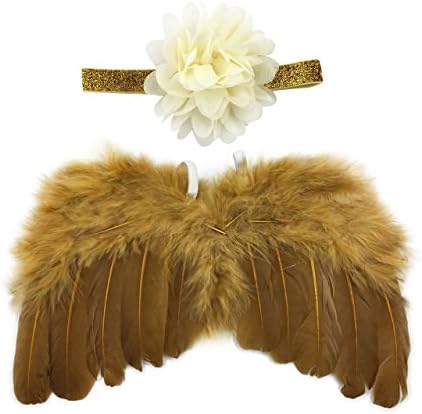 Newborn Baby Gold Feather Angel Wings with Lotus Hairband, Halo Set