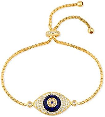 Eyestunnish Renata Evil Eye Box Link Women's Expandable Bracelet 18K Yellow Gold Plated Sterling Silver (Blue)
