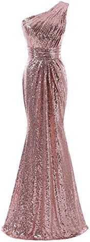 Ruiyuhong One Shoulder Mermaid Sequin Rose Gold Prom Evening Dress Bridesmaid Gown