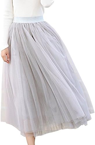 Women's A-line Mesh Tulle Skirts with Stretch High Waist and Lining (Grey)