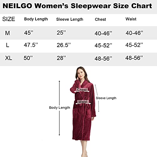 neilgo Womens Robe Plush Long Sleeve Shawl Collar Fleece Bathrobe with Pockets (Wine Red)