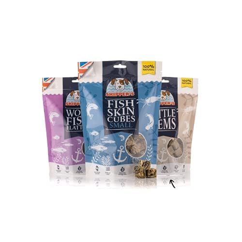 SKIPPER'S Healthy Dog Treats Pouch - Fish Skin Cubes 250g, Wolf Fish Skin Flatties 70g & Little Gems 70g, Rich in Omega Oil & Gently Air Dried Treats, Cereal & Grain Free Healthy Food | (Bundle of 3)