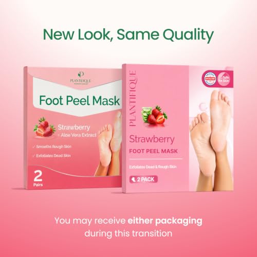 Plantifique Foot Peel Mask – 2 Pairs Exfoliating & Dermatologically Tested Foot Treatment, Removes Dead Skin & Repairs Heels for Soft Feet – Strawberry Scent, Gift for Women & Men