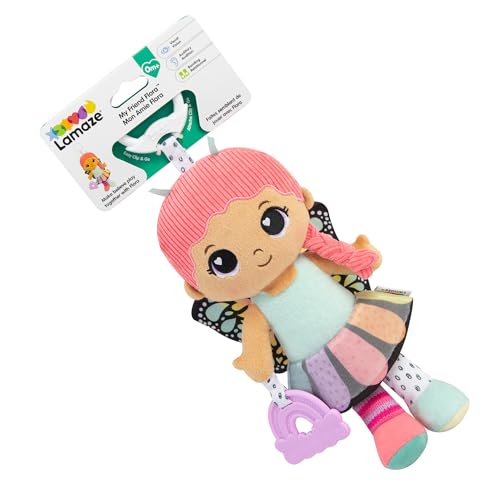 LAMAZE My Friend Flora Clip & Go-pop, getextureerde eerste pop met kreukelrok en vlindervleugels, regenboogbijtring en rammelaar, Clip‑On wandelwagen, sensorisch spel, fijne motoriek en visuele