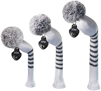 Meili Dark Color Knit Golf Headcover Set of 3 for Driver Wood, Fairway Wood and Hybrid, Long Neck,Big Pom Pom