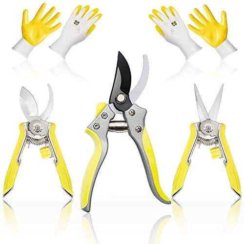 Hortem 5Pack Hand Garden Shears Set Include Bypass Pruning Shears with Stainless Steel Blades, Straight Tip Gardening Scissors, Hand Pruners with Curved Blade and 2 Pairs Nitrile Gardening Gloves