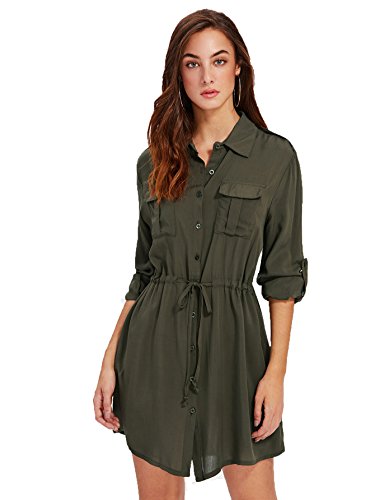 Milumia Women s Roll Up Sleeve Pocket Front Drawstring Mini Tunic Shirt Dress Army Green Small