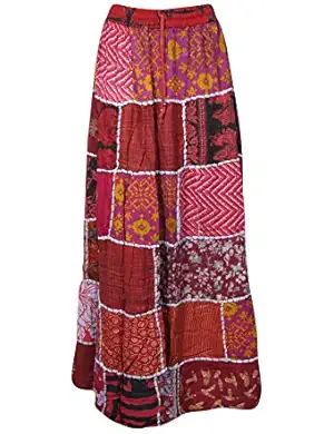 Women's Maxi Skirt Maroon Printed Patchwork Flare Long Maxi Skirt SM