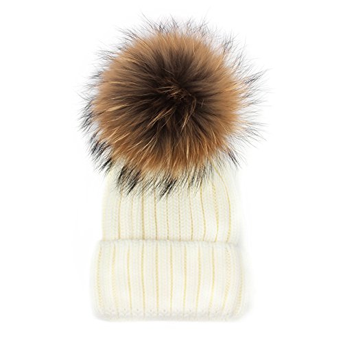 Beanie for Toddler Boy, Knitted Fur Hat Fur Pom Pom Beanie Hats White 46-51cm