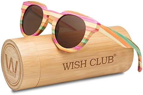 WISH CLUB Polarized Rainbow Wood Beach Round Sunglasses for Women mirrored Lenses Wooden Bamboo Sun Glasses for Girls Oval Colorful UV 400 Retro Lightweight Eyewear (Brown)