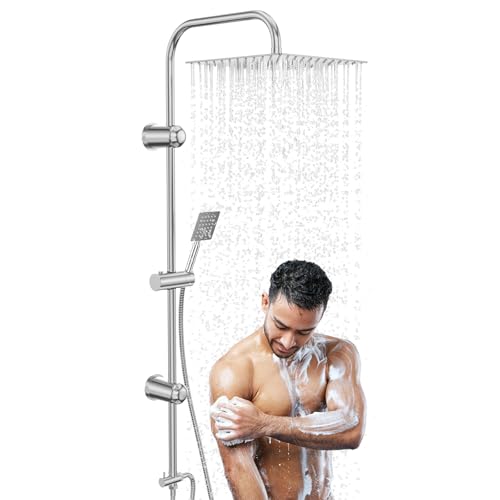 Kezidhp Shower Column without Hydromassage Mixer, Shower Rail with Rain Shower, 30 x 30 cm, Stainless Steel Column, Adjustable Wall Mount