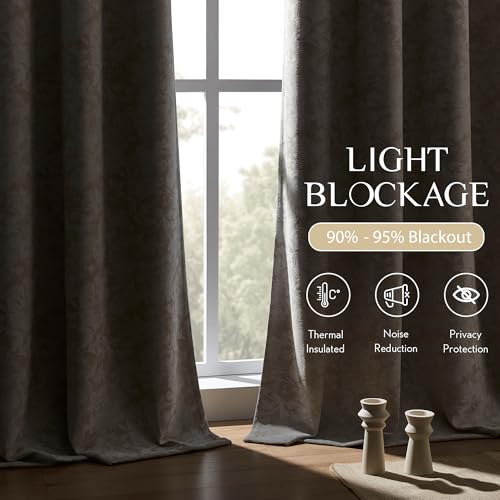 Beauoop Beige Floral Jacquard Blackout Curtains 84 Inches Long 2 Panels for Bedroom Living Room Taupe Flower Chenille Room Darkening Thermal Insulated Soundproof Grommet Window Treatments Drapes 52x84