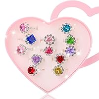 Hifot 12 pcs Girls Crystal Adjustable Rings, Princess Jewelry Finger Rings with Heart Shape Box, Girl Pretend Play and Dress up Rings for Children Kids Little Girls - Random