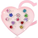 Hifot 12 pcs Girls Crystal Adjustable Rings, Princess Jewelry Finger Rings with Heart Shape Box, Girl Pretend Play and Dress up Rings for Children Kids Little Girls - Random