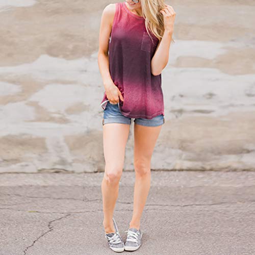 Women's Summer Tank Tops,LuluZanm Sale Ladies Gradient Printed Sleeveless Tunic Blouse Loose Round Neck Vest Tops Wine