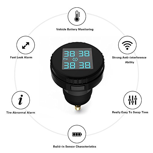 KOLSOL TS61 Tire Pressure Monitoring System TPMS, Wireless Real-time Cigarette Lighter Plug TPMS and Temperature Gauge with 4 External Sensor
