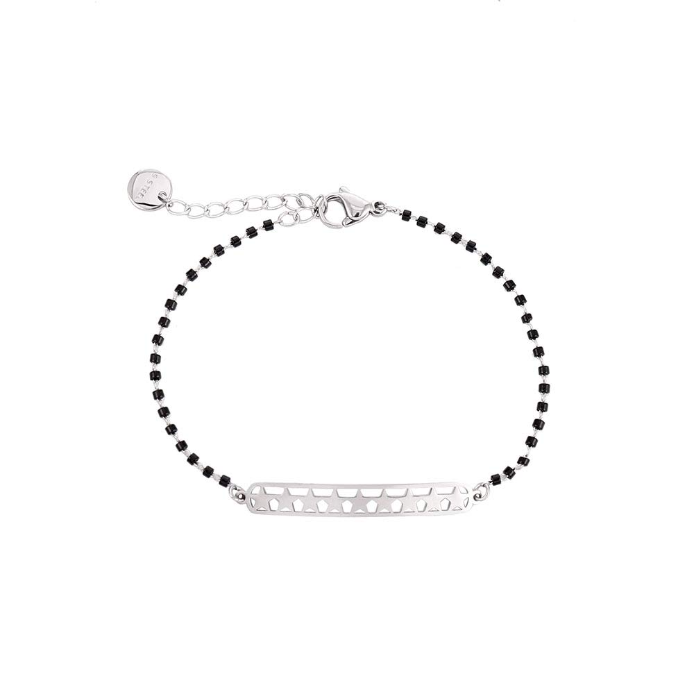 Stainless Steel Bracelet for Women, Black Bead Chain Star Pendant Adjustable Bracelet Charm Jewelry Sparkling Crystal for Girlfriend Birthday Gift
