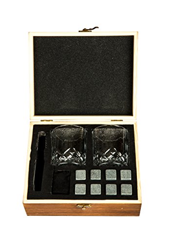 Whiskey Stones Gift Set – 2 Whiskey Glasses (220ml), 8 Exclusive Whiskey Rocks & Velvet Bag + Tongs in a Elegant Wooden Gift Box – By Golden Moose