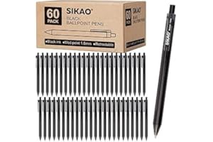 Sikao Black Pens Bulk, 60 Pack Retractable Ballpoint Pens, Black Ink 1.0mm Medium Point, Smooth Writing No-Smear Click Pens for Teachers, Students, Restaurant Servers, School & Office Supplies