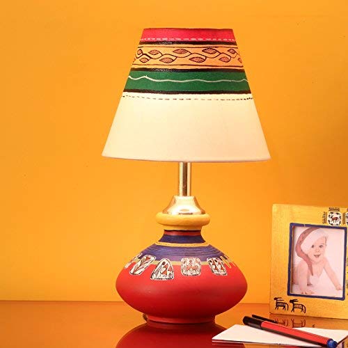 ExclusiveLane Warli In Light Hand-Painted Pot Shaped Round Table Lamp In Terracotta -Indoor Lighting Decorative Gift Bedside Table Lamps for Living Room Bedroom Modern Night Lamps Table Lamps For Bedroom For Study Table