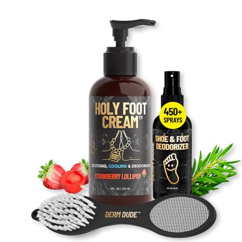 Derm Dude Holy Foot Set | Cream for Dry Cracked Heels, Shoe Deodorizer Spray & 4-in-1 Foot Scrubber Repair Tool | W/All-Natural DeoPlex for Odor Control | Freshen Feet & Shoes -Strawberry