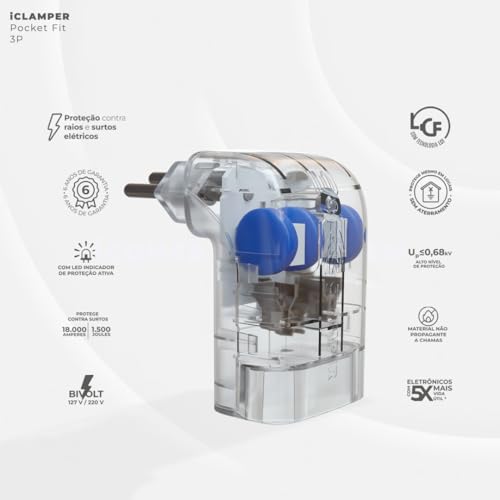 Protetor Contra Surtos Elétricos (DPS) CLAMPER 127/220V, 10 Amperes, 3 Pinos, para PC, PS5, Xbox, Smartphone, Monitor, Impressora, etc - iCLAMPER Pocket Fit 3P 10A Transparente LCF, Bivolt