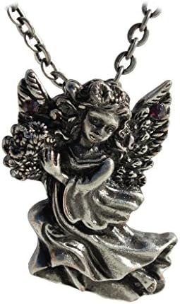 Masada Jewelry, Angel Holding Flowers with 2 Purple Gemstones Studded on Wings, Pendant Necklace