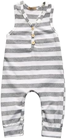 Bestoppen Newborn Infant Baby Boy Girls Clothing Outfits Cute Sleeveless Striped Romper V Neck Button Jumpsuit Baby Birthday Gift Soft Cotton Clothes for 1-2 Years Old
