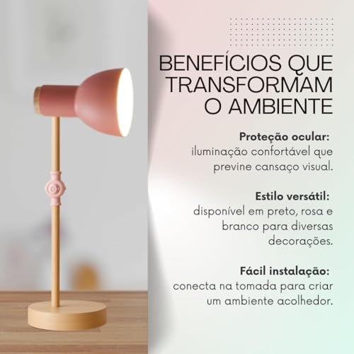 Luminária de Mesa Retrátil com Base de Madeira | Design Moderno e Ajustável para Escritório, Leitura e Estudo (BRANCO)