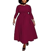 BFFBABY Women's Wrap V Neck Plus Size Maxi Dresses 3/4 Sleeves Chain Floral Printed Swing Dress with Belt